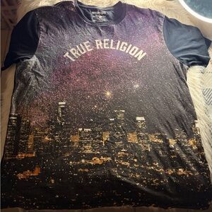 True Religion Men's Black and Purple Cityscape T-Shirt